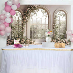 Lofaris White Window Arch Floral Backdrop, Spring Rose Garden Wedding Background, Bridal Shower Photography Prop