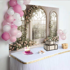 Lofaris White Window Arch Floral Backdrop, Spring Rose Garden Wedding Background, Bridal Shower Photography Prop