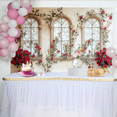 Lofaris Red Rose Window Arch Backdrop, Gold Vase Floral Wedding Background, Valentines Day Photo Shoot Prop