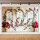 Lofaris Red Rose Window Arch Backdrop, Gold Vase Floral Wedding Background, Valentines Day Photo Shoot Prop