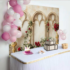 Lofaris Gold Gothic Arch Red Rose Backdrop, Floral Vase Wedding Background, Valentines Day Photography Prop