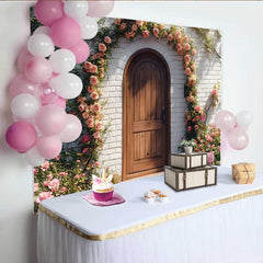 Lofaris Photography Backdrop, Spring Rustic Wooden Door Pink Rose Floral Arch Decoration