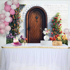 Lofaris Photography Backdrop, Spring Colorful Tulips Wooden Door Rustic Garden Background