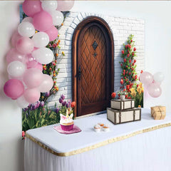 Lofaris Photography Backdrop, Spring Colorful Tulips Wooden Door Rustic Garden Background