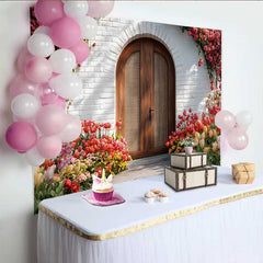 Lofaris Photography Backdrop, Spring Red Tulip Garden Rustic Wooden Arch Door Decoration