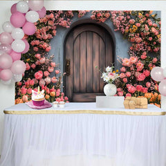Lofaris Photography Backdrop, Spring Pink Floral Rustic Wooden Door Enchanted Garden Prop