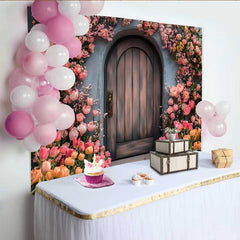 Lofaris Photography Backdrop, Spring Pink Floral Rustic Wooden Door Enchanted Garden Prop