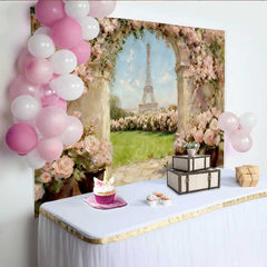 Lofaris Photography Backdrop, Paris Eiffel Tower Spring Pink Rose Oil Painting Style Decor