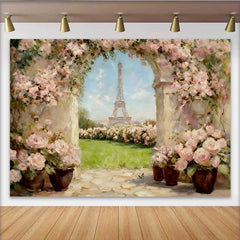 Lofaris Photography Backdrop, Paris Eiffel Tower Spring Pink Rose Oil Painting Style Decor