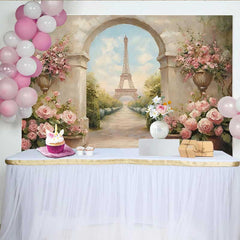 Lofaris Photography Backdrop, Paris Spring Eiffel Tower Stone Arch Floral Walkway Prop