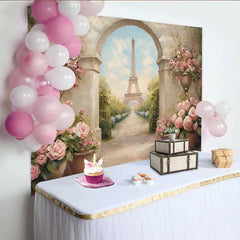 Lofaris Photography Backdrop, Paris Spring Eiffel Tower Stone Arch Floral Walkway Prop