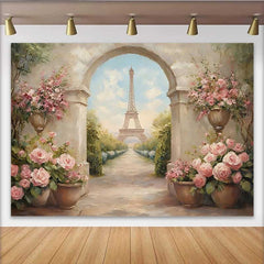 Lofaris Photography Backdrop, Paris Spring Eiffel Tower Stone Arch Floral Walkway Prop