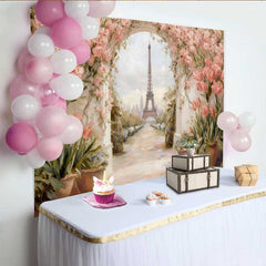 Lofaris Photography Backdrop, Paris Eiffel Tower Pink Tulip Floral Arch Vintage Painting