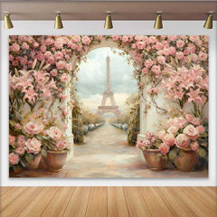 Lofaris Photography Backdrop, Paris Eiffel Tower Pink Lily Floral Garden Painting Style