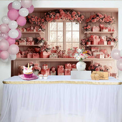 Lofaris Valentine's Day Backdrop, Pink Gift Boxes Teddy Bear Floral Window Room Set