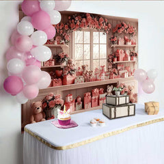 Lofaris Valentine's Day Backdrop, Pink Gift Boxes Teddy Bear Floral Window Room Set