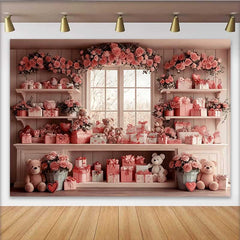 Lofaris Valentine's Day Backdrop, Pink Gift Boxes Teddy Bear Floral Window Room Set
