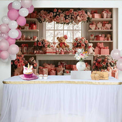 Lofaris Valentine's Day Backdrop, Pink Floral Teddy Bear Window Gift Shop Decoration