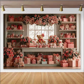 Lofaris Valentine's Day Backdrop, Pink Floral Teddy Bear Window Gift Shop Decoration
