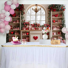 Lofaris Valentine's Day Backdrop, Red Hearts Roses Gingham Gifts White Cabinet Decor