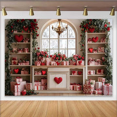 Lofaris Valentine's Day Backdrop, Red Hearts Roses Gingham Gifts White Cabinet Decor