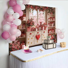 Lofaris Valentine's Day Backdrop, Pink Cherry Blossom Window Red Heart Cabinet Prop