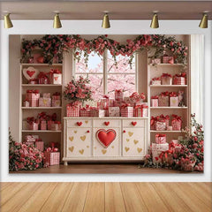 Lofaris Valentine's Day Backdrop, Pink Cherry Blossom Window Red Heart Cabinet Prop