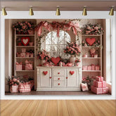 Lofaris Valentine's Day Backdrop, Pink Bows Red Hearts White Cabinet Floral Window