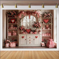 Lofaris Valentine's Day Backdrop, Pink Bows Red Hearts White Cabinet Floral Window