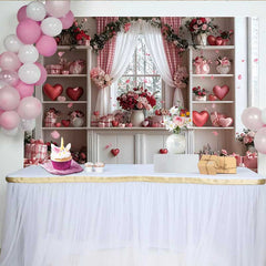 Lofaris Valentine's Day Backdrop, Pink Gingham Curtain Floating Hearts Floral Room