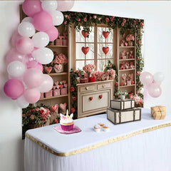 Lofaris Valentine's Day Backdrop, Floating Red Hearts Gingham Gifts Floral Window