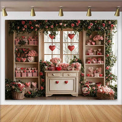 Lofaris Valentine's Day Backdrop, Floating Red Hearts Gingham Gifts Floral Window