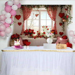 Lofaris Valentine's Day Backdrop, Red Gingham Curtain Red Roses Window Seat Decor