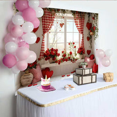 Lofaris Valentine's Day Backdrop, Red Gingham Curtain Red Roses Window Seat Decor
