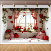 Lofaris Valentine's Day Backdrop, Red Gingham Curtain Red Roses Window Seat Decor