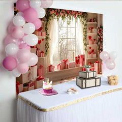 Lofaris Valentine's Day Backdrop, White and Red Heart Gift Boxes Floral Window Prop