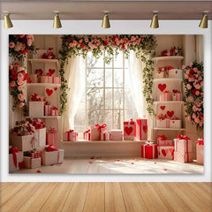 Lofaris Valentine's Day Backdrop, White and Red Heart Gift Boxes Floral Window Prop