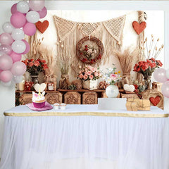 Lofaris Valentine's Day Backdrop, Boho Rustic Wooden Crates Macrame Pink Rose Garland