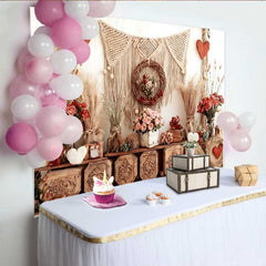 Lofaris Valentine's Day Backdrop, Boho Rustic Wooden Crates Macrame Pink Rose Garland