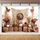 Lofaris Valentine's Day Backdrop, Boho Rustic Wooden Crates Macrame Pink Rose Garland