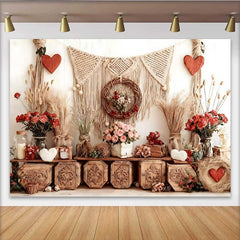 Lofaris Valentine's Day Backdrop, Boho Rustic Wooden Crates Macrame Pink Rose Garland