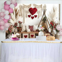 Lofaris Valentine's Day Backdrop, Boho Teepee Tent Red Heart Pampas Grass Decoration
