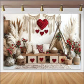 Lofaris Valentine's Day Backdrop, Boho Teepee Tent Red Heart Pampas Grass Decoration
