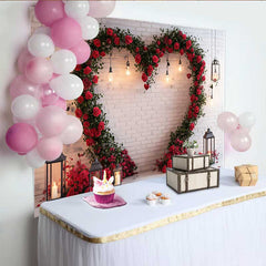 Lofaris Valentine's Day Backdrop, Rustic White Brick Wall Floral Heart Wreath Lanterns