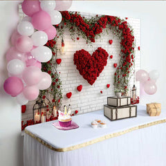 Lofaris Red Rose Heart Arch Backdrop, White Brick Wall Floral Valentine's Day Wedding Party Decoration, Romantic Photo Studio Prop