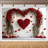 Lofaris Red Rose Heart Arch Backdrop, White Brick Wall Floral Valentine's Day Wedding Party Decoration, Romantic Photo Studio Prop