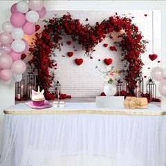 Lofaris Red Floral Heart Arch Backdrop, White Brick Wall with Hanging Hearts for Valentine's Day Wedding, Romantic Party Background
