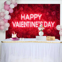 Lofaris Happy Valentine's Day Neon Sign Backdrop, Red Rose Floral Wall for Romantic Party Decoration, Sweet Heart Photography Prop