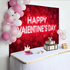 Lofaris Happy Valentine's Day Neon Sign Backdrop, Red Rose Floral Wall for Romantic Party Decoration, Sweet Heart Photography Prop