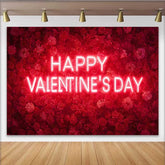 Lofaris Happy Valentine's Day Neon Sign Backdrop, Red Rose Floral Wall for Romantic Party Decoration, Sweet Heart Photography Prop